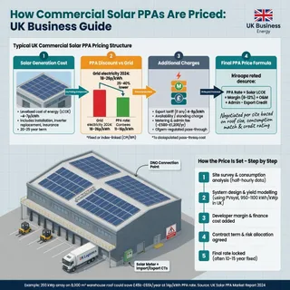 A realistic documentary photograph of a large modern UK distribution warehouse with a commercial solar array on a low-pitch metal roof, seen from a slightly elevated angle on an…