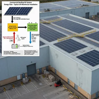 A realistic editorial photograph of a large UK warehouse and adjoining office roof fitted with dark photovoltaic panels, seen in soft overcast daylight. Include a loading yard,…