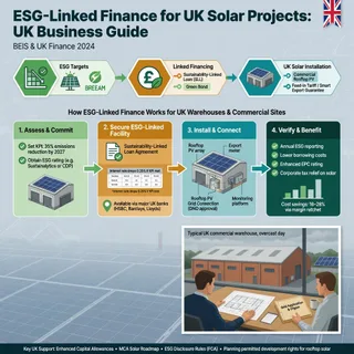 A realistic documentary photograph of a British commercial warehouse on an overcast day, with a modest rooftop solar array visible beyond a first-floor meeting room. Two…