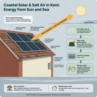 A realistic photograph of a brick and rendered British house roof in coastal Kent, with a neat rooftop solar array on concrete tiles, seen from a nearby street. The background…