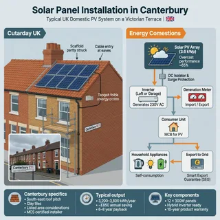 A photorealistic, overcast-day photograph of a modest brick house on a residential Canterbury street, with interlocking clay roof tiles and a neat domestic solar PV array on the…
