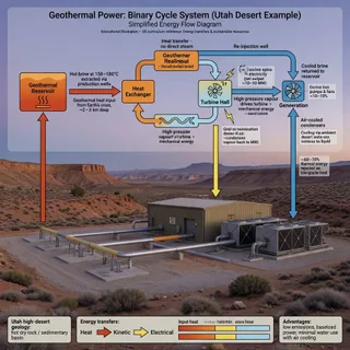 A realistic wide photograph of a remote Utah high-desert geothermal power site at dusk, with a compact turbine hall, air-cooled condensers, well pads and gathering pipework set…