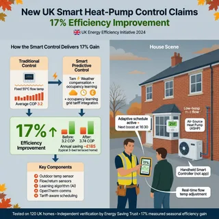 A realistic UK terraced house on a grey autumn afternoon, with a compact air-source heat pump on a side wall and a simple wall thermostat visible through a front window. A…