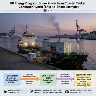 A realistic photograph-style scene of a modest coastal tanker at dusk in a Japanese bay, seen from a nearby pier, with containerised generator equipment on the aft deck and no…