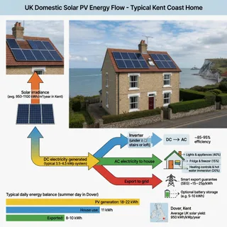 A realistic photograph of a modest two-storey house on the Kent coast near Dover, with a pitched tile roof carrying a neat array of dark photovoltaic modules. The English Channel…