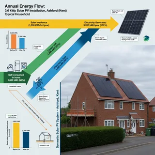 A realistic photograph of a two-storey brick house on a quiet Kent residential street in Ashford, with dark photovoltaic modules neatly fitted to a pitched tiled roof. Soft…