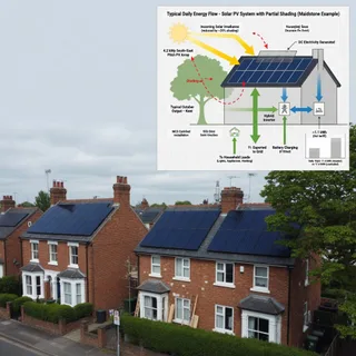 A realistic photograph of a detached and a semi-detached Kent house on a residential street in Maidstone, with dark roof-mounted solar modules on a south-east pitch, chimney and…