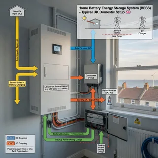 A realistic photograph of a modern lithium home battery cabinet mounted on a clear internal wall in a UK utility room, with neat cable trunking toward a consumer unit, a small…