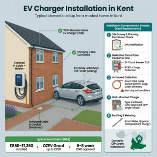 A realistic daytime photograph of a modest Kent house driveway, brick or rendered wall, with a plain wall-mounted home EV charge point and a tethered cable neatly holstered. A…