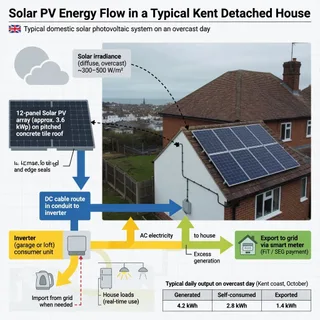 A realistic, unbranded photograph of a detached Kent house with a pitched concrete-tile roof and a modest array of dark solar panels, seen from the garden on an overcast day.…