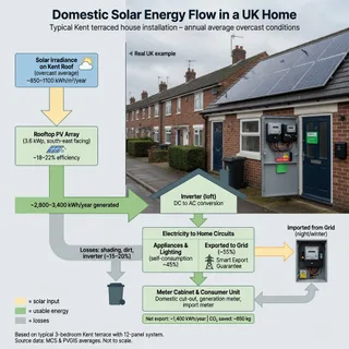 A realistic photograph of a Kent street of brick houses with rooftop solar panels, seen from pavement level in soft overcast daylight. A domestic cut-out and meter cabinet is…