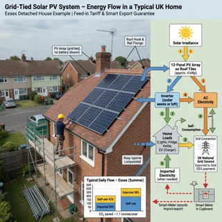 A realistic photograph of a detached Essex house with a pitched tiled roof carrying a modest grid-tied solar array, viewed from the garden in soft daylight. Scaffold is partly…