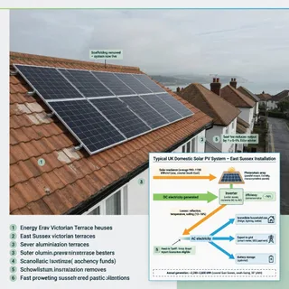 A realistic photograph of a modest pitched tiled roof on a coastal East Sussex terrace, with a neat photovoltaic array fitted parallel to the tiles, scaffolding just removed, and…