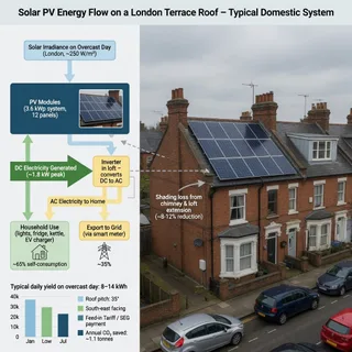 A realistic photograph of a Greater London residential terrace on an overcast day, with dark photovoltaic modules fitted neatly on a pitched tile roof, chimney stacks and a…