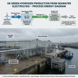 A realistic wide photograph of a British coastal industrial waterfront on an overcast day, with a low process building, pipework and a seawater intake structure beside a harbour…