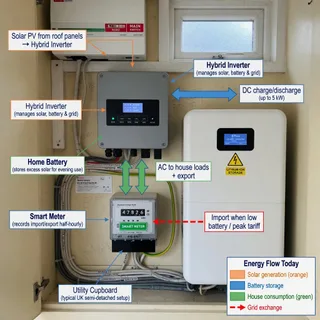 A realistic documentary photograph of a UK semi-detached home utility cupboard with a wall-mounted home battery and hybrid inverter beside a smart electricity meter. Soft…