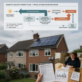 A realistic photograph of a UK semi-detached house with a modest south-facing rooftop solar array, viewed from the garden in soft overcast daylight. In the foreground, a…