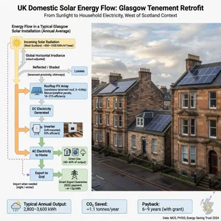 A realistic documentary photograph of sandstone Glasgow tenements and neighbouring houses with rooftop solar panels, seen from street level under a bright cloudy west-of-Scotland…