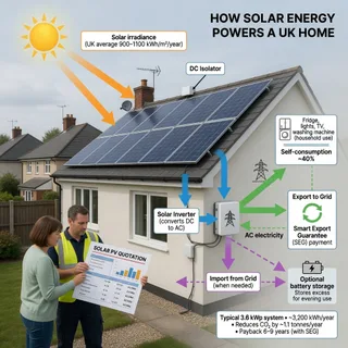 A realistic photograph of a modest pitched UK house roof with a tidy array of dark solar modules, seen from the garden on a bright but not glaring day. A homeowner and an…